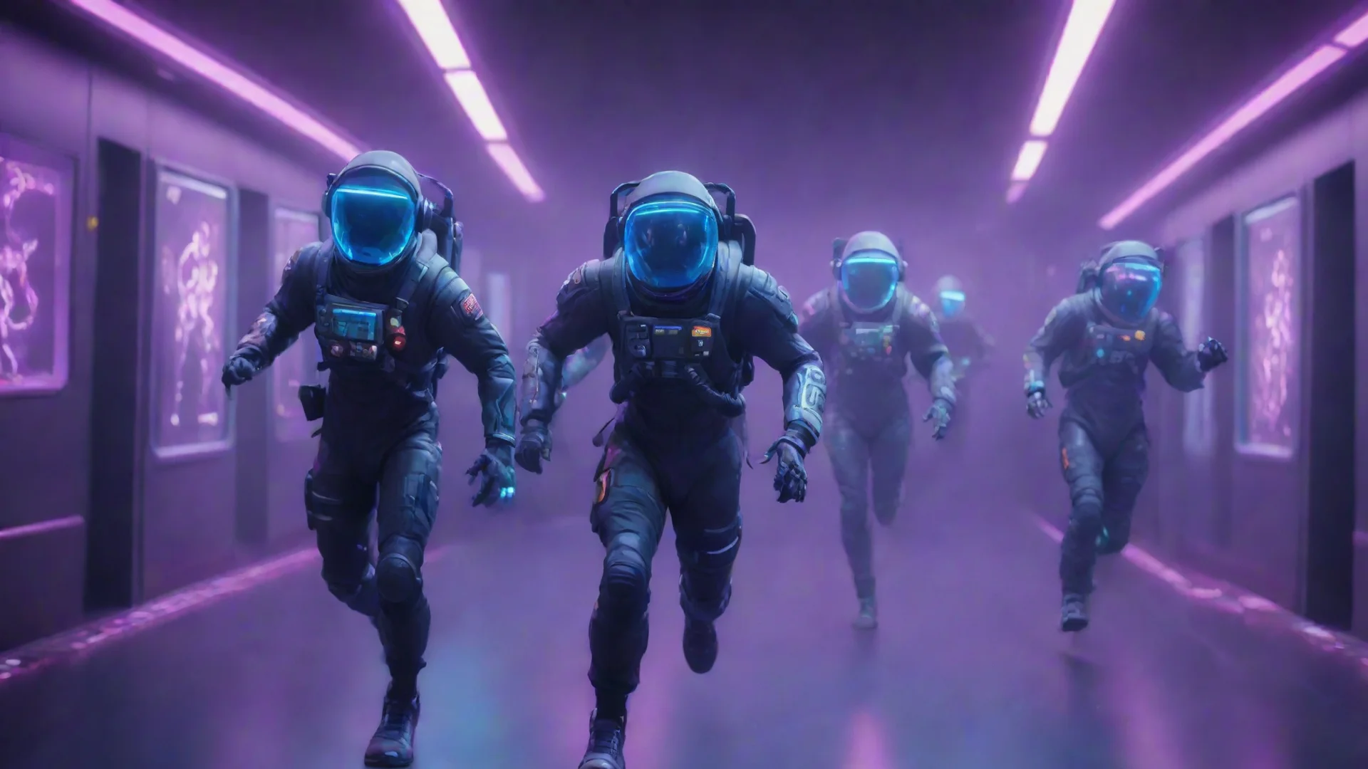 aifortnite style space suits running away from zombies in space station neon lights illuminating hall hdwidescreen