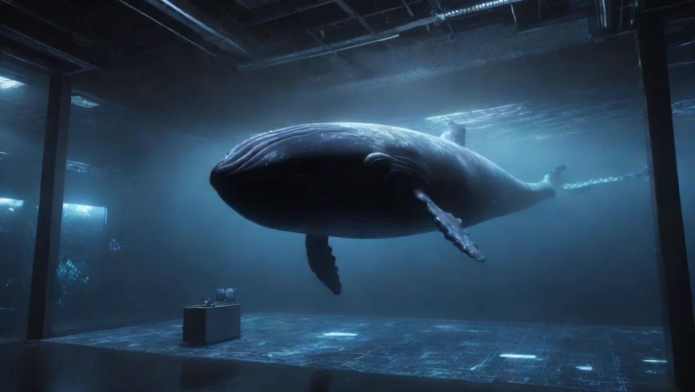 fractal dreamscape whale in data centre suspended in ai tank widescreen