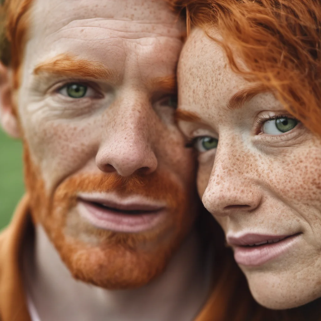 freckled ginger couple close up wrinkles raising eyebrows