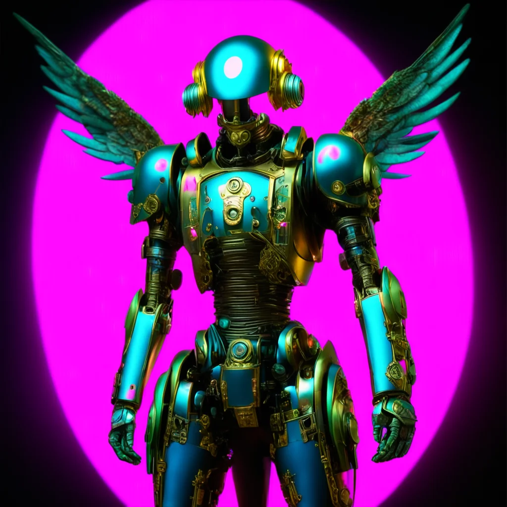 aifrom movie event horizon 1997 from movie tetsuo 1989 from movie virus 1999 blue chromed silver and gold steampunk robot knight with intense glowing neon pink visor winged