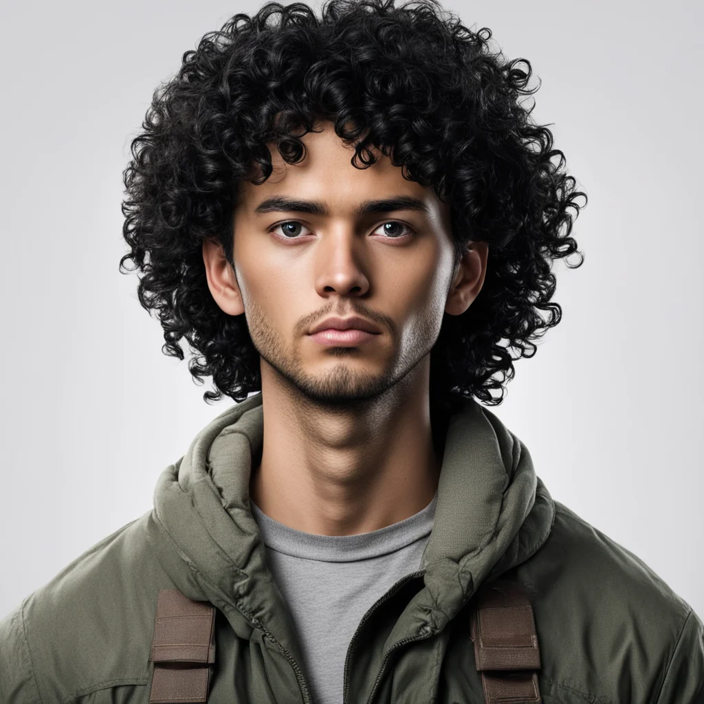 full view of a curly black hair young adult male explorer with dark eyes