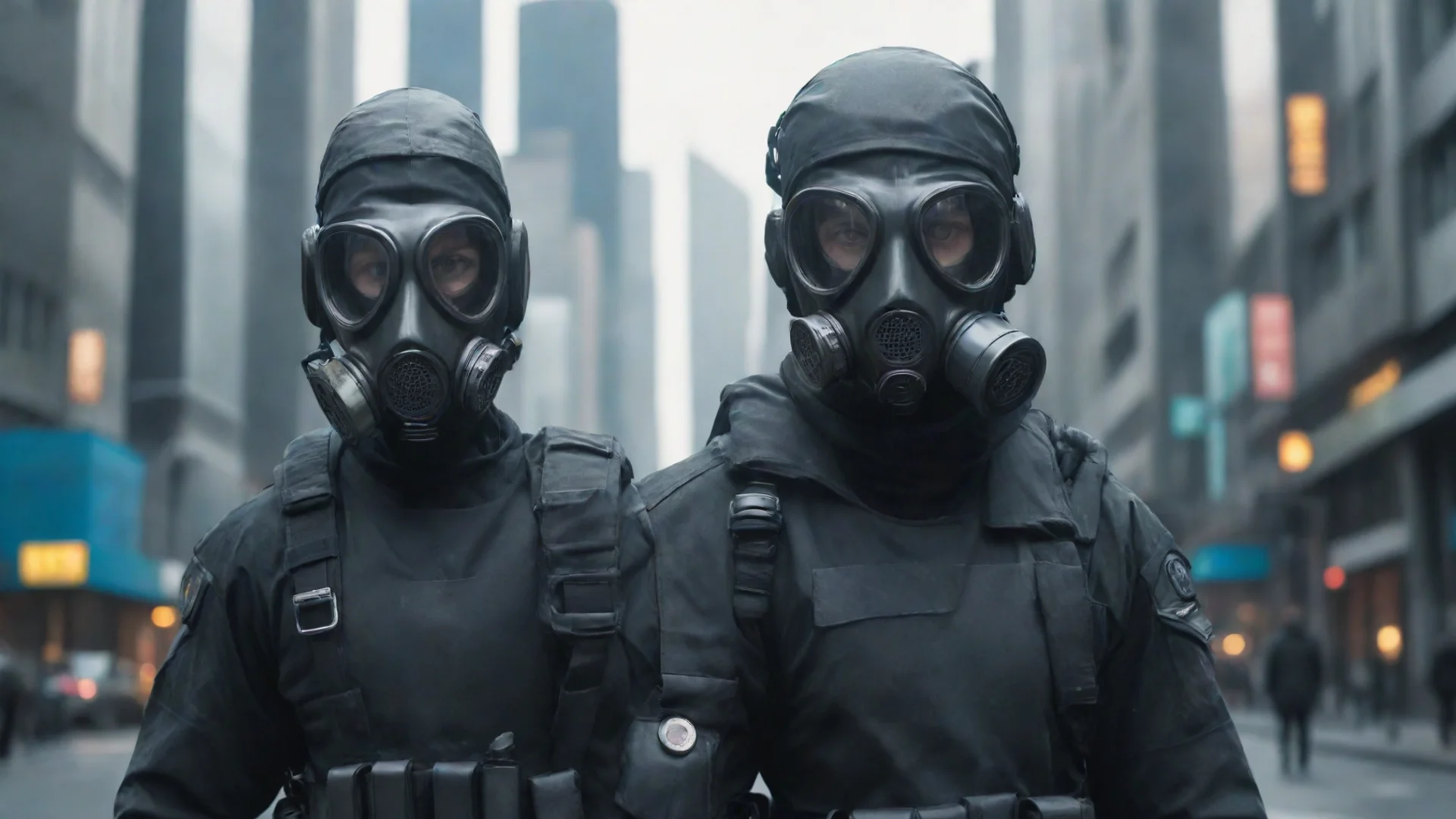 aifuture cyber punk police man wearing gas mask in a large city ai wide