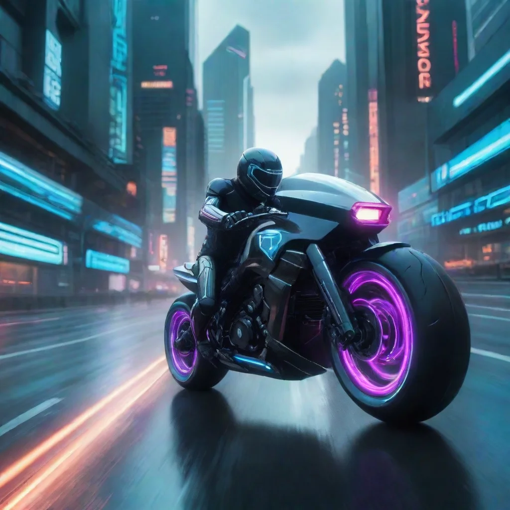 aifuturistic cyberpunk motorcycle dashing down the highway towards a futuristic city in the style of tron