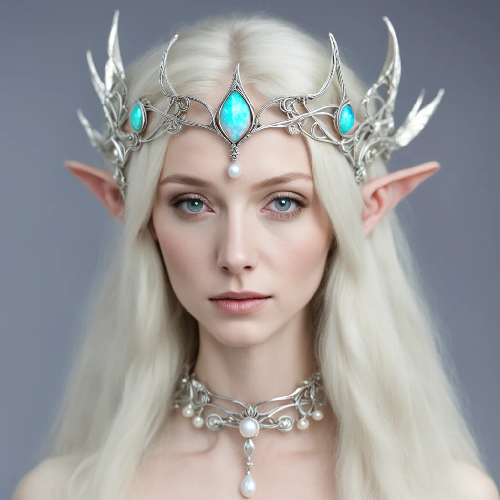 aigaladriel wearing silver elven circlet with pearl white opal good looking trending fantastic 1