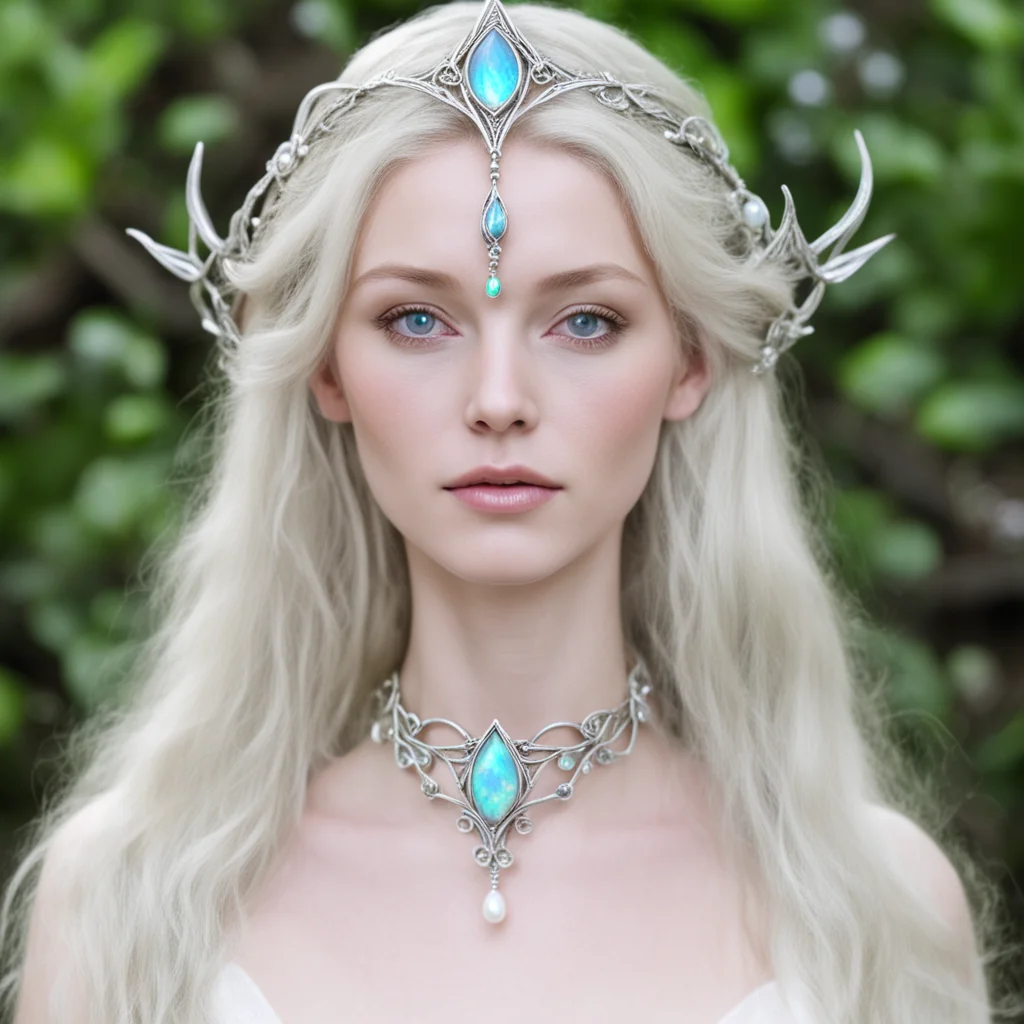 galadriel wearing silver elven circlet with pearl white opal