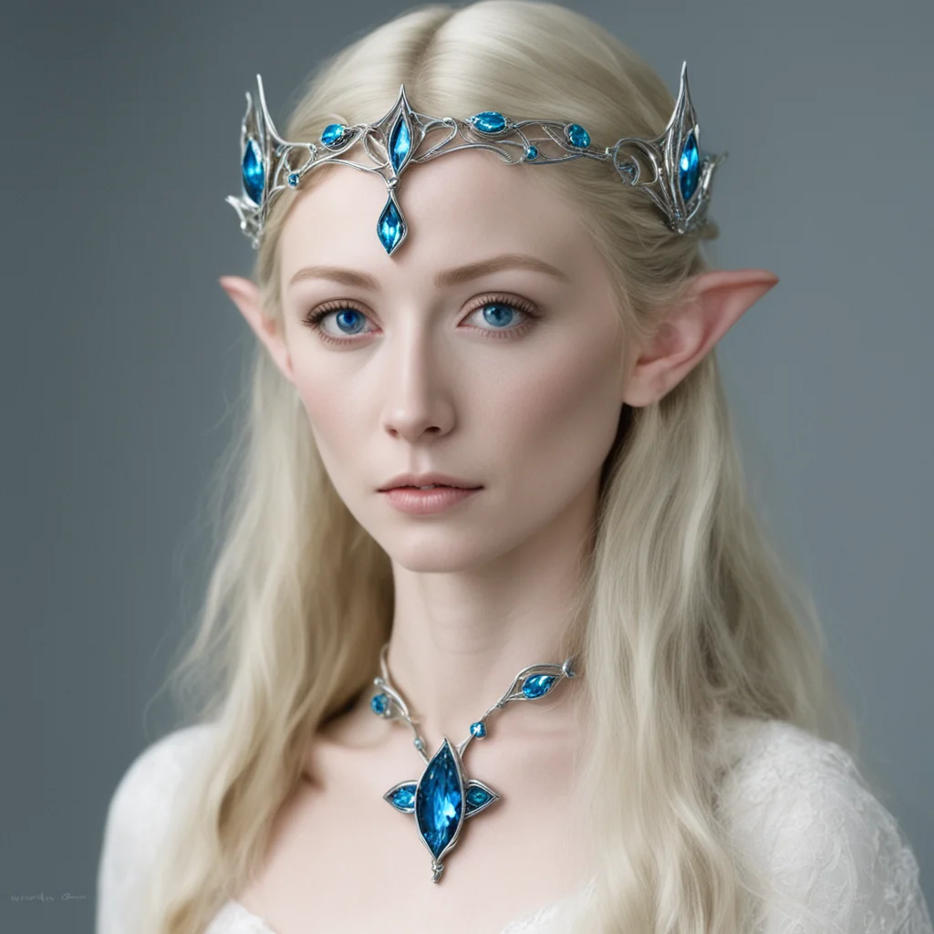 galadriel wearing small silver elven circlet with blue diamond confident engaging wow artstation art 3