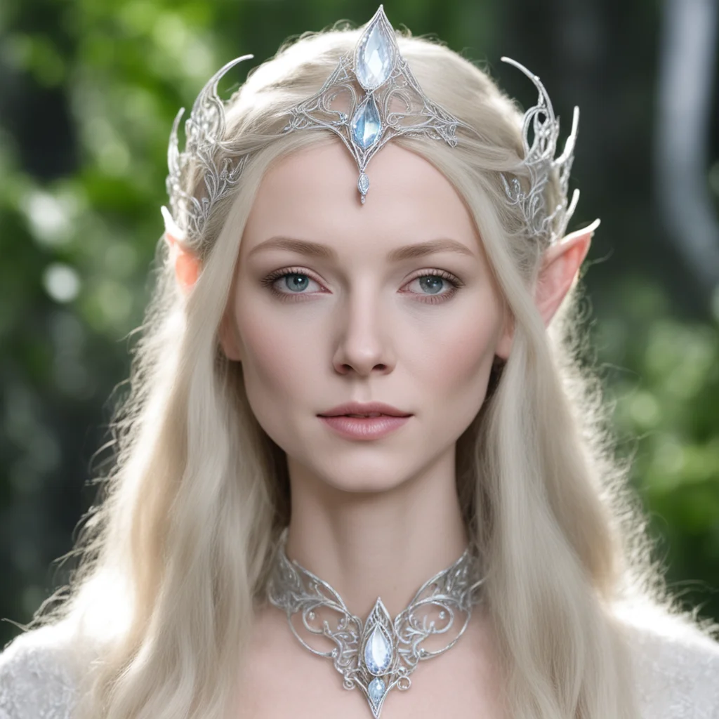 galadriel wearing small silver elvish circlet with white diamond
