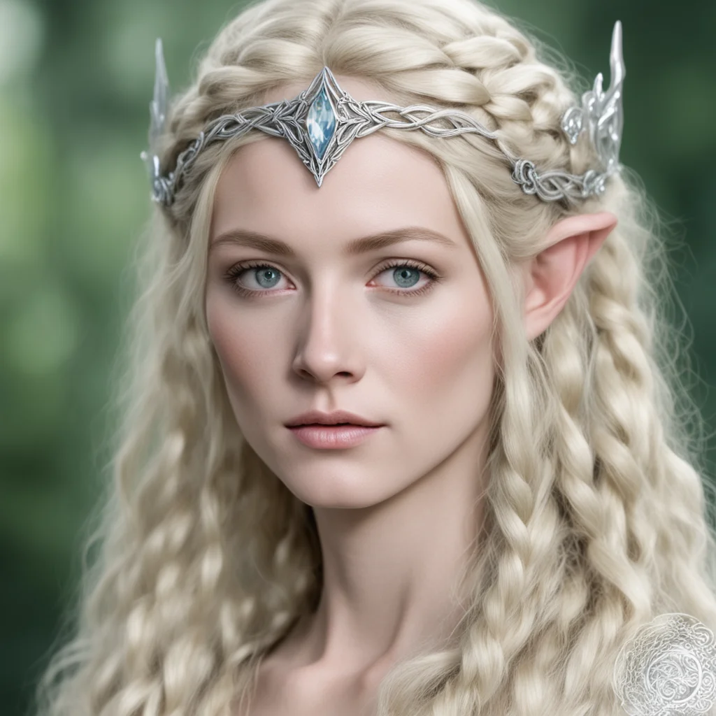 galadriel with blond hair and braids wearing silver silvan elvish circlet with large center diamond confident engaging wow artstation art 3