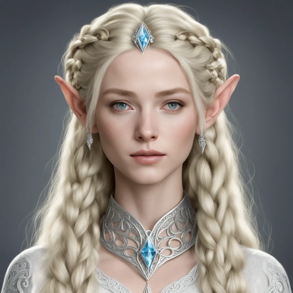 galadriel with blond hair and braids wearing silver sindarin elvish circlet with large center diamond good looking trending fantastic 1
