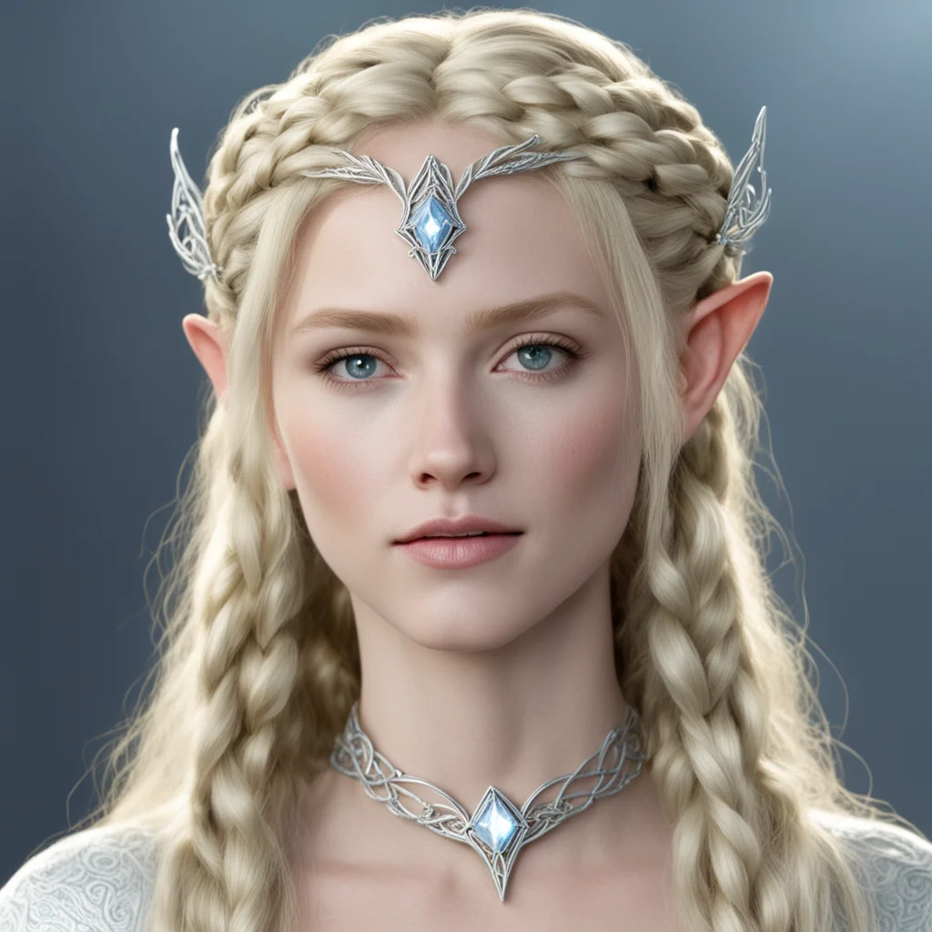 galadriel with blond hair and braids wearing small silver elvish circlet with large center diamond confident engaging wow artstation art 3