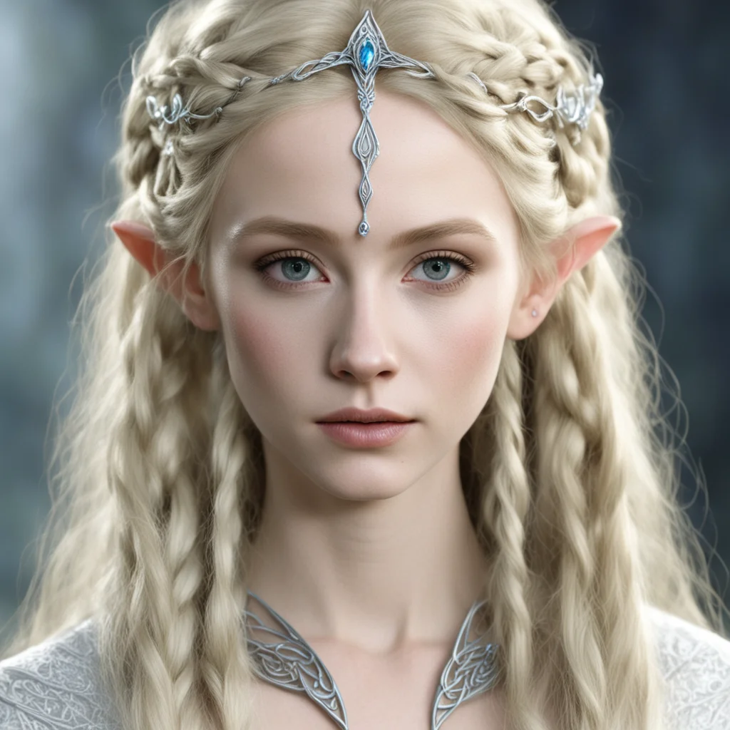 galadriel with blond hair and braids wearing small silver elvish circlet with large center diamond good looking trending fantastic 1