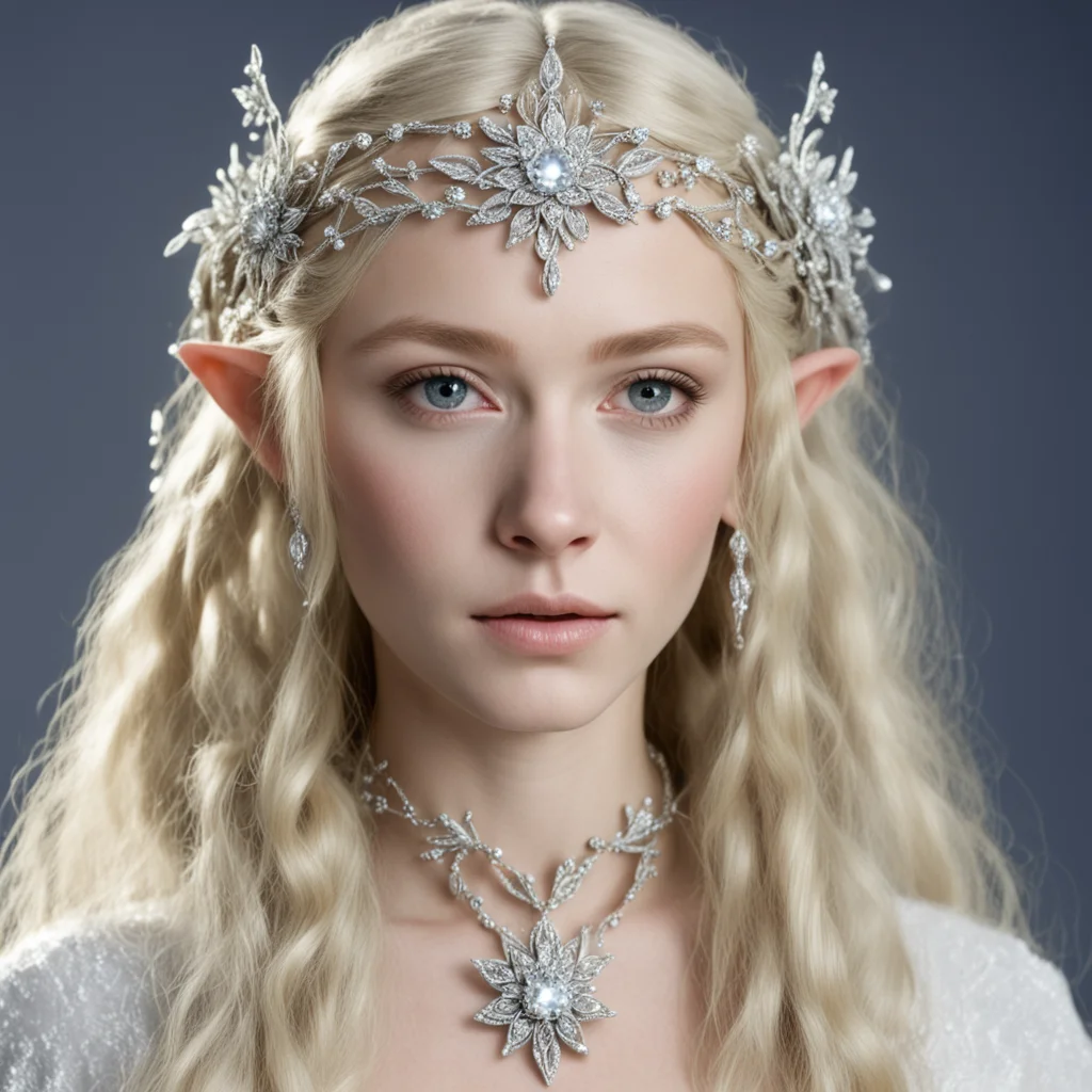 galadriel with blond hair and braids wearing small silver flowers encrusted with diamonds to form a small silver elvish circlet with large center diamond  good looking trending fantastic 1