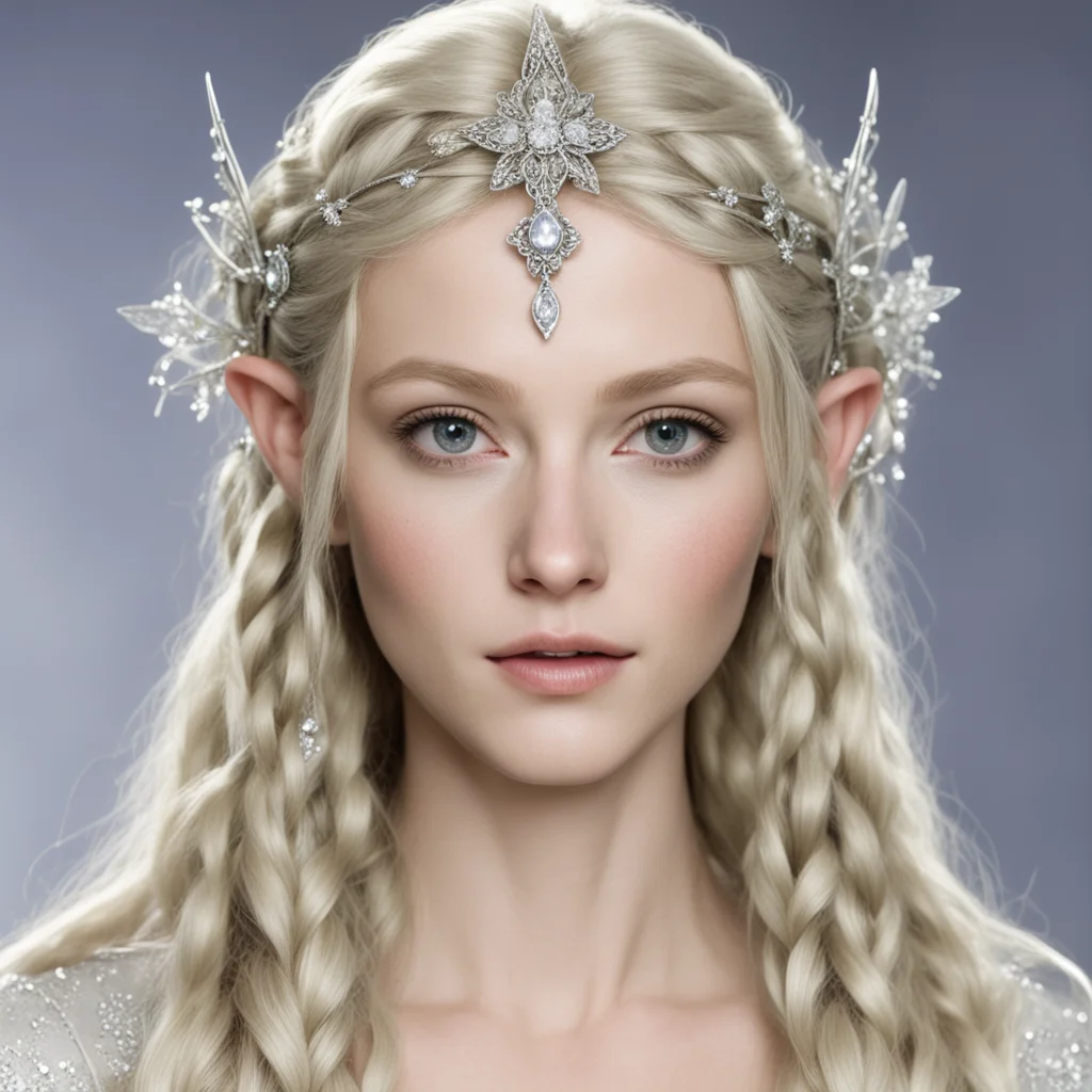 galadriel with blond hair and braids wearing small silver flowers encrusted with diamonds to form a small silver elvish circlet with large center diamond 