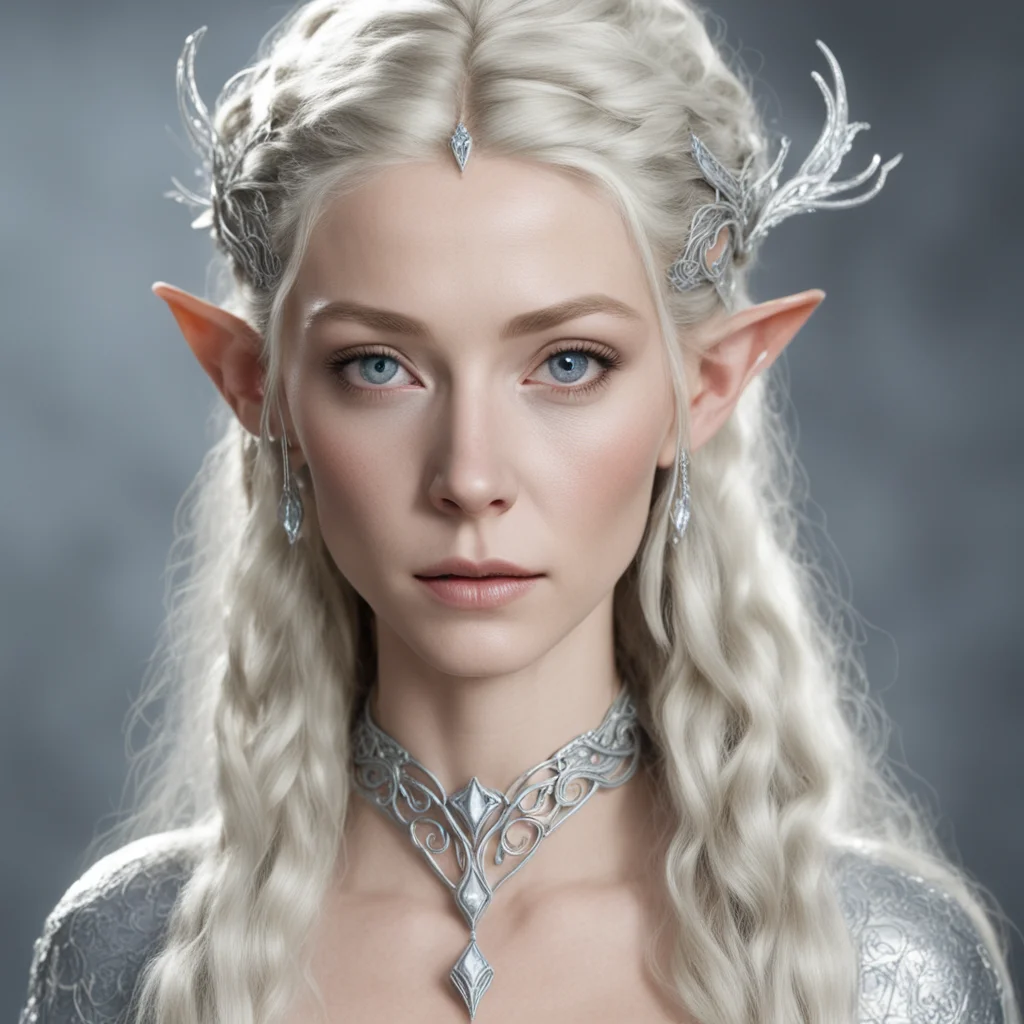 galadriel with braids wearing silver wood elf circlet with diamonds