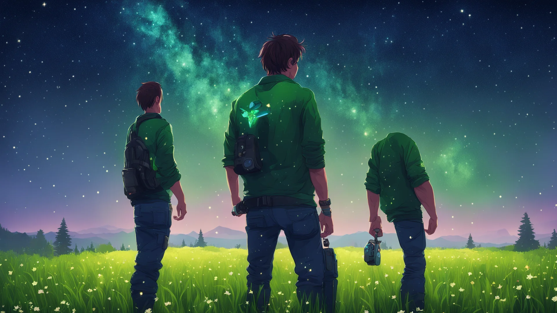 gamer character standing with his back turned with an xbox controller in a starry meadow confident engaging wow artstation art 3 wide