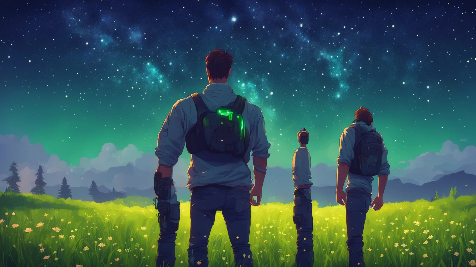 aigamer character standing with his back turned with an xbox controller in a starry meadow good looking trending fantastic 1 wide