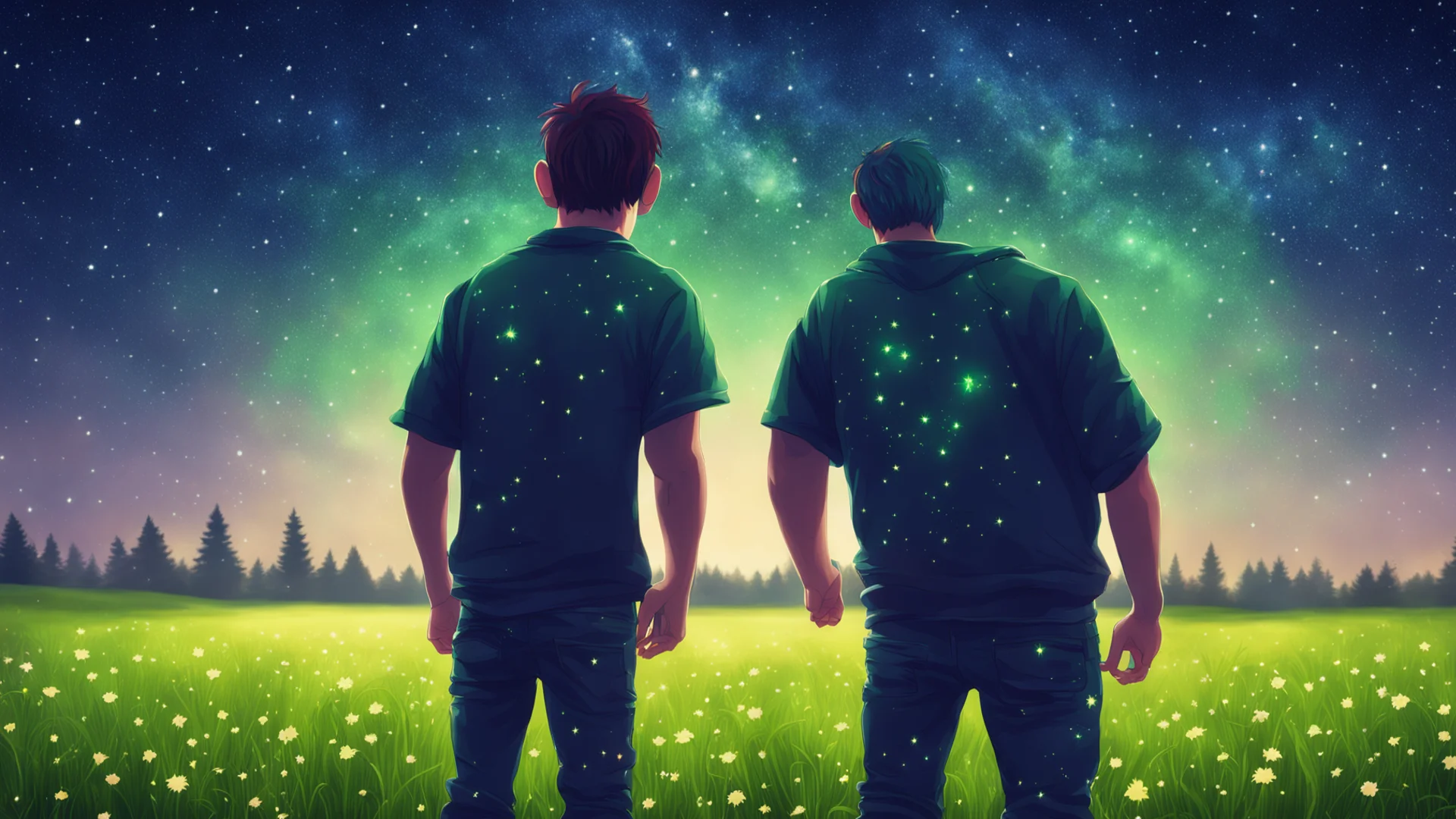 gamer character standing with his back turned with an xbox controller in a starry meadow wide