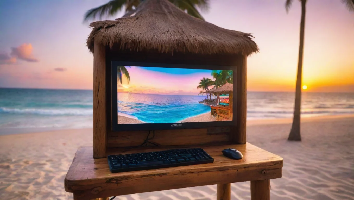 aigaming pc set up at a tiki bar on the beach at sunset. the pc is playing an 8 bit video game widescreen