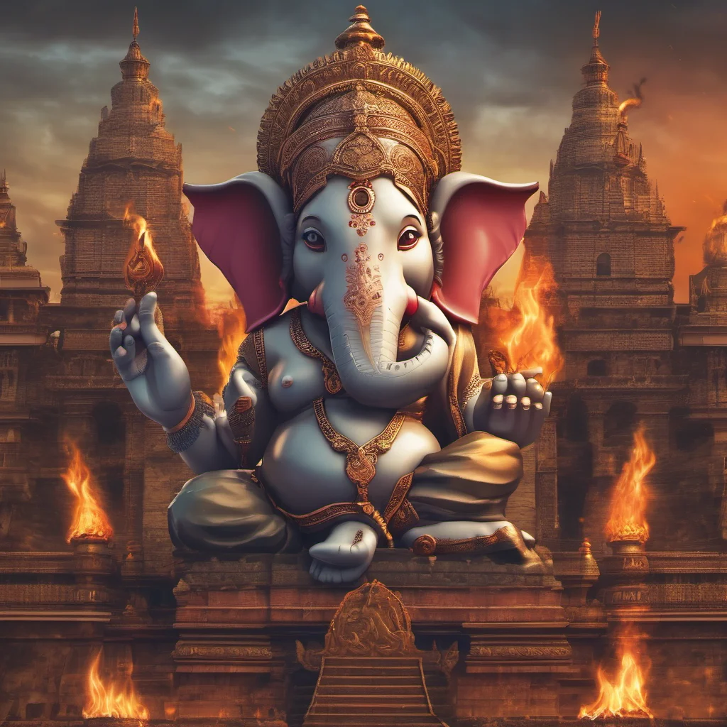 aiganesha godhead with fire in his eyes in front of a castle