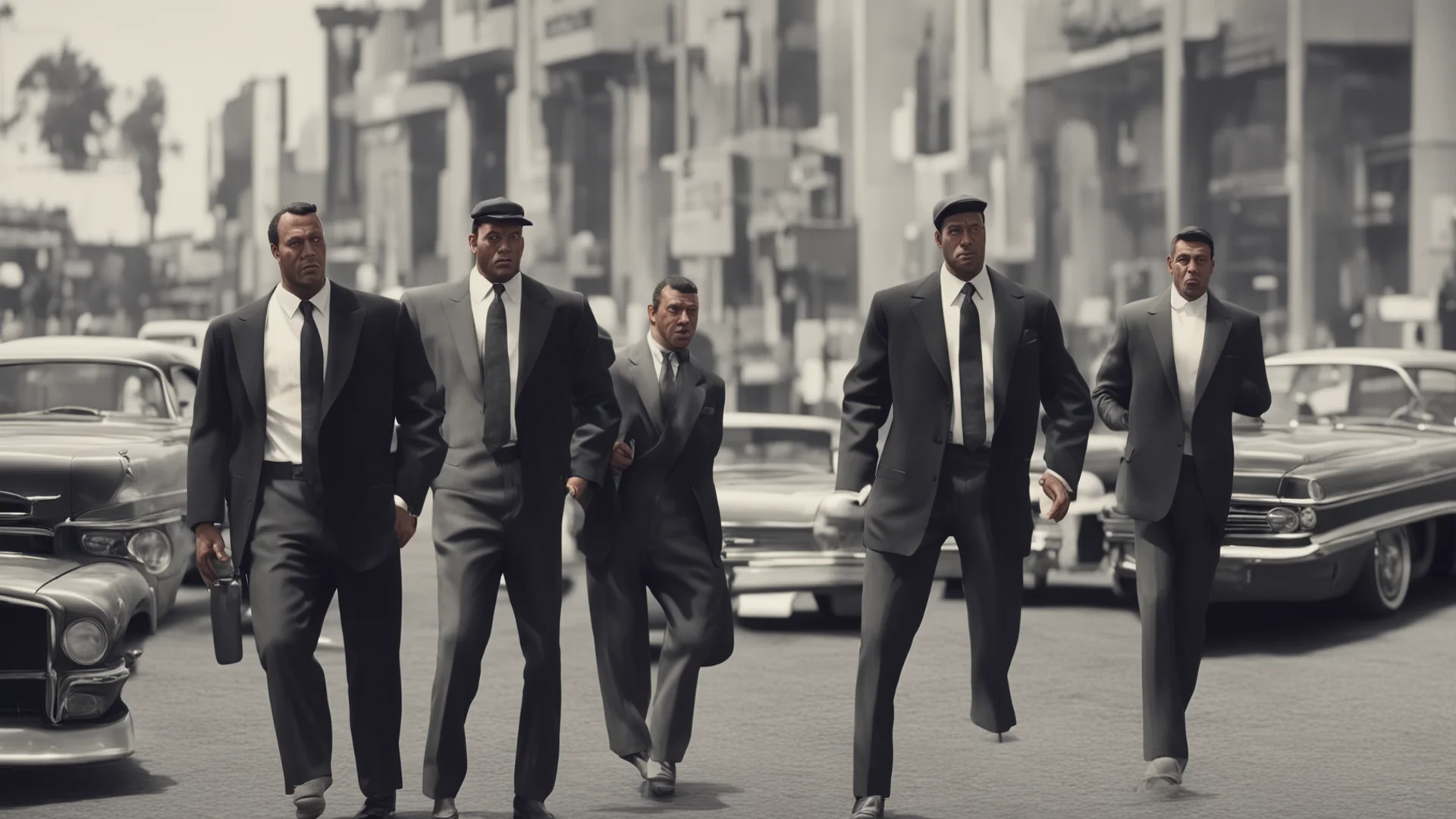 aigangster movie scene out of the 60ies in the style of gta 5 wide