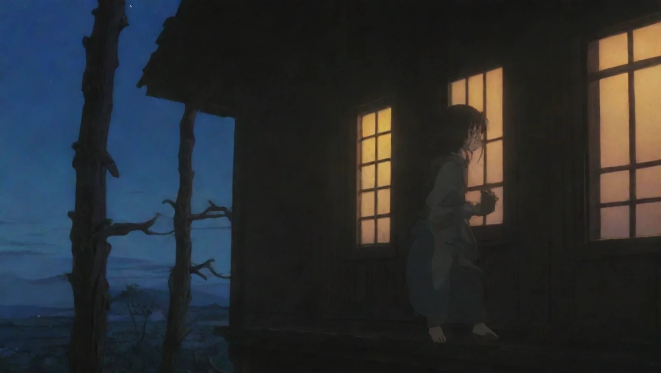 garlig handing on portch hd ghibli anime aesthetic dark horror 1800 vibe widescreen