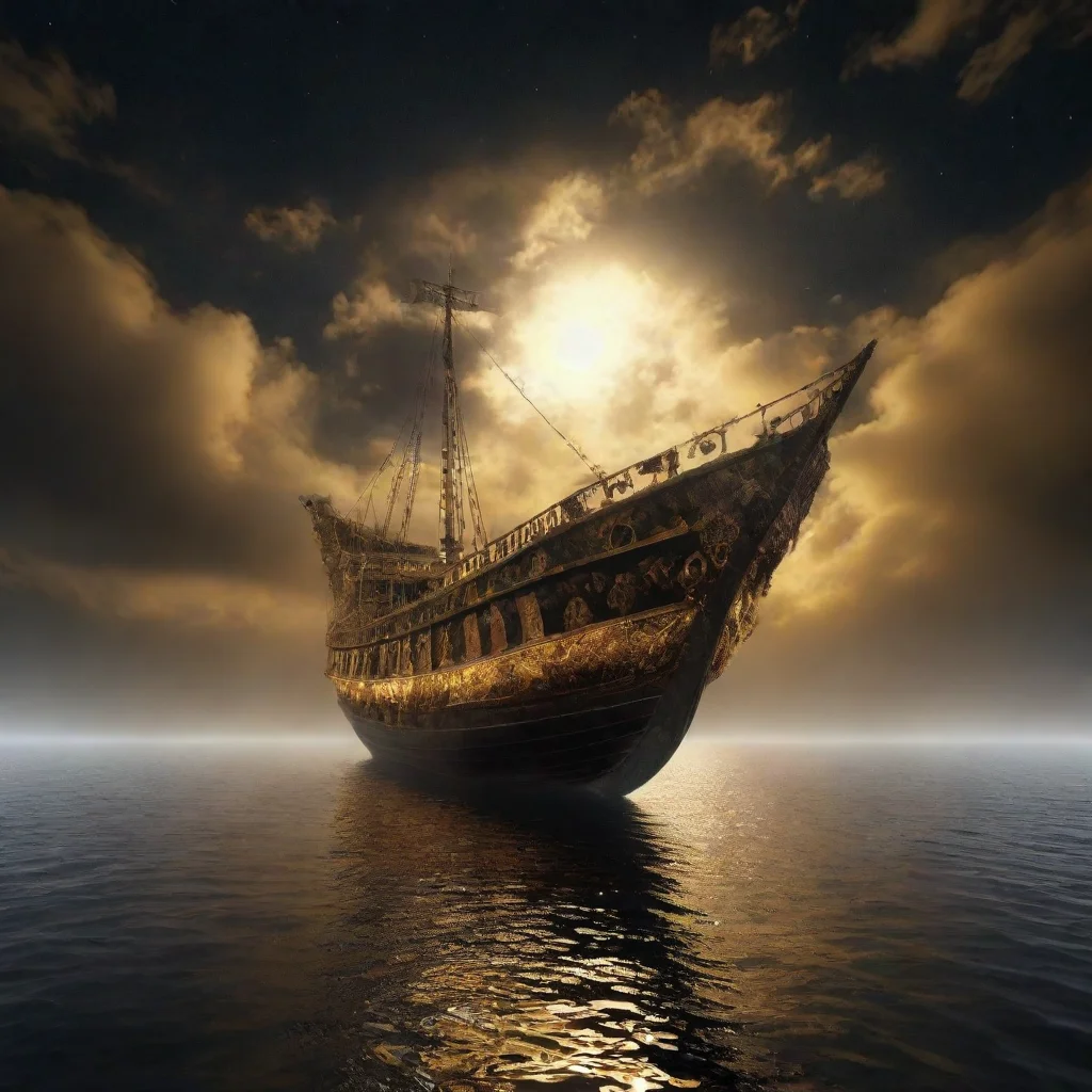 aighostly psychedelic fractal clouds in night sky over bubbling black oil sea golden solar egyptian funerary boat mist cin