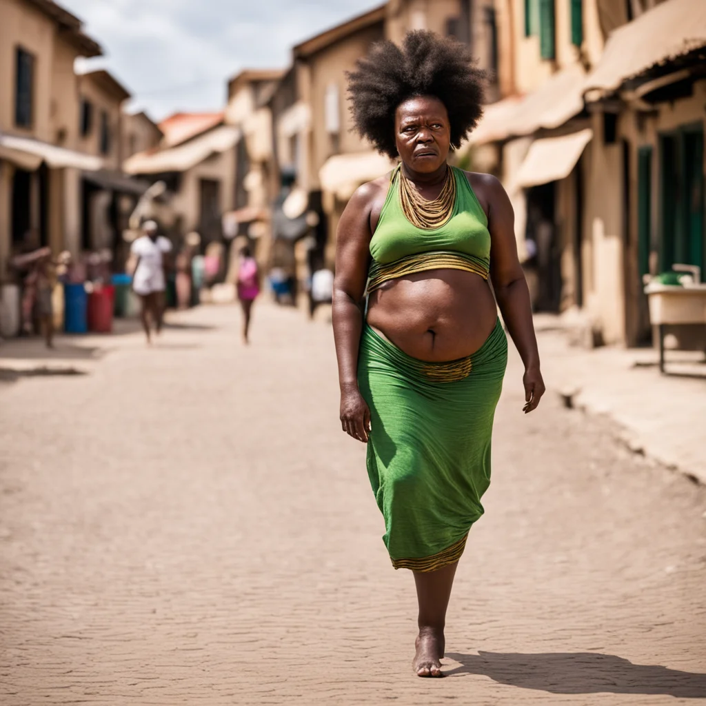giant african woman walking through town barefoot with an annoyed expression .  confident engaging wow artstation art 3