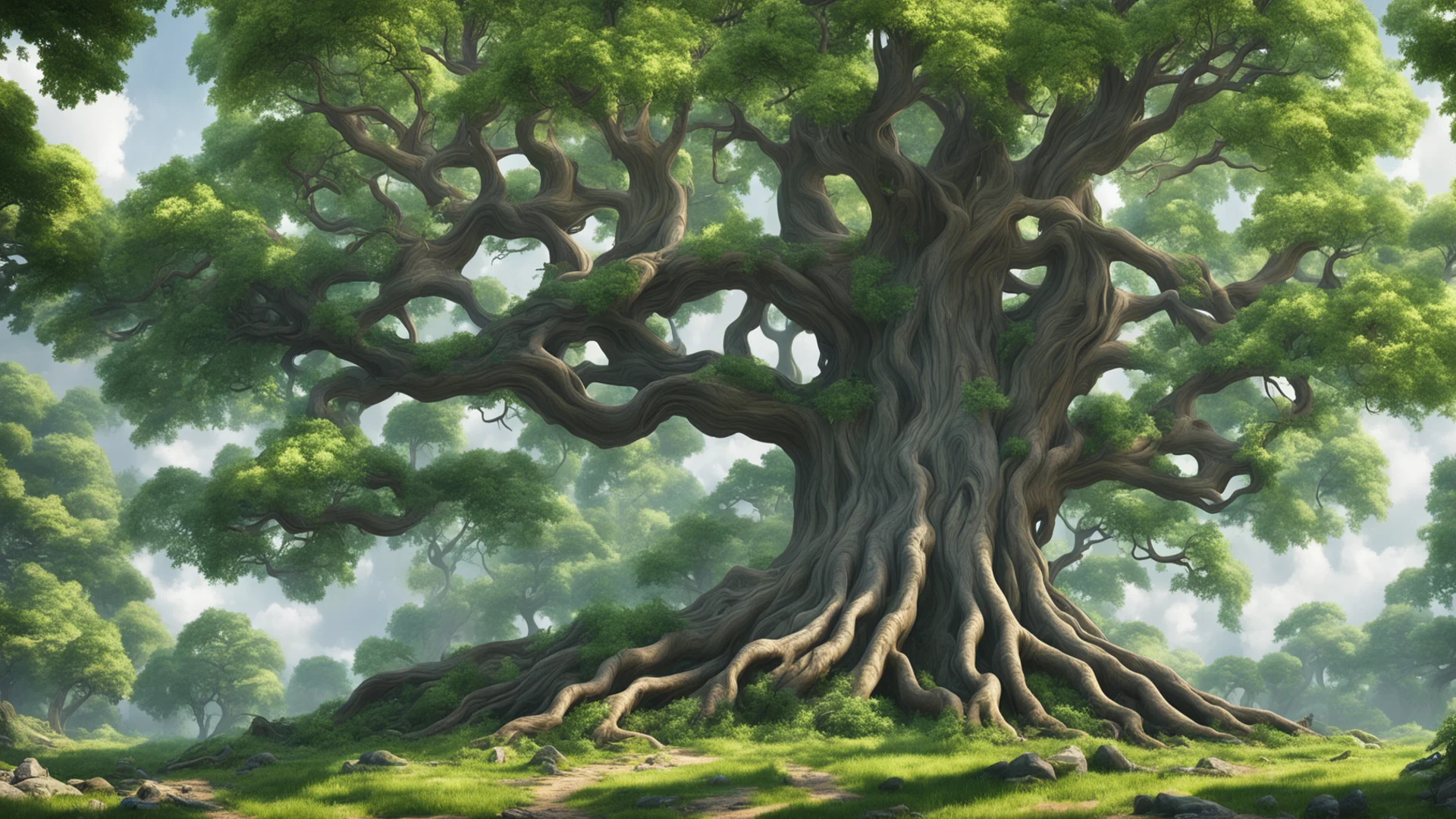 giant magic tree in the center of a glade cinematic ultra realistic forest lightning higly detailed epic composition daylight environment architecture e wide