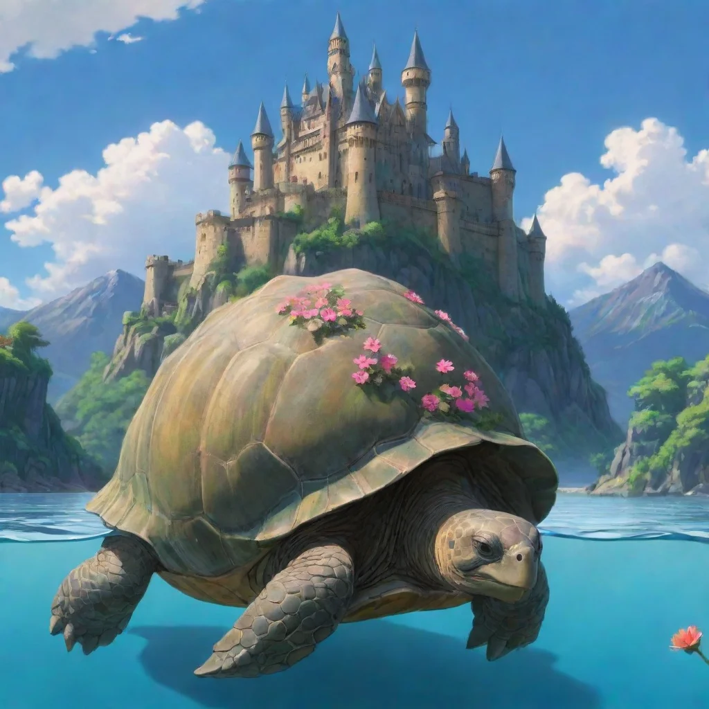 aigiant tortoise with castle on back giant anime ghibli pristine aesthetic castle flower background water background