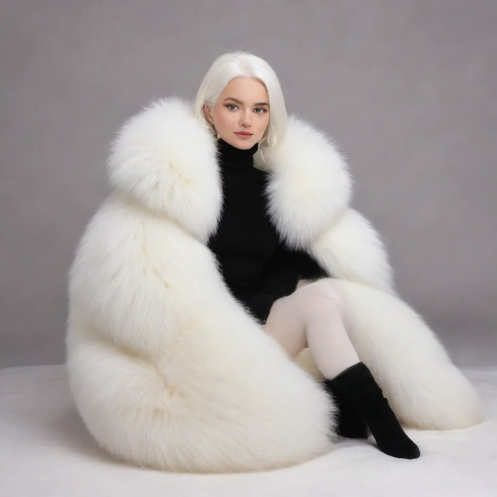 aigiant white arctic fox sitting with a human covered in arcticfox fur