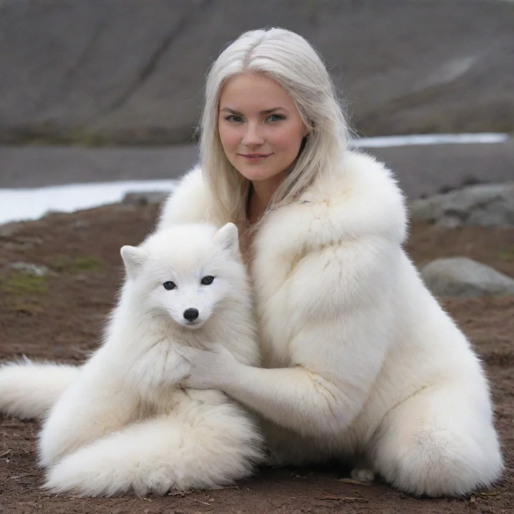 aigiant white arctic fox sitting with a human turned part arctic fox