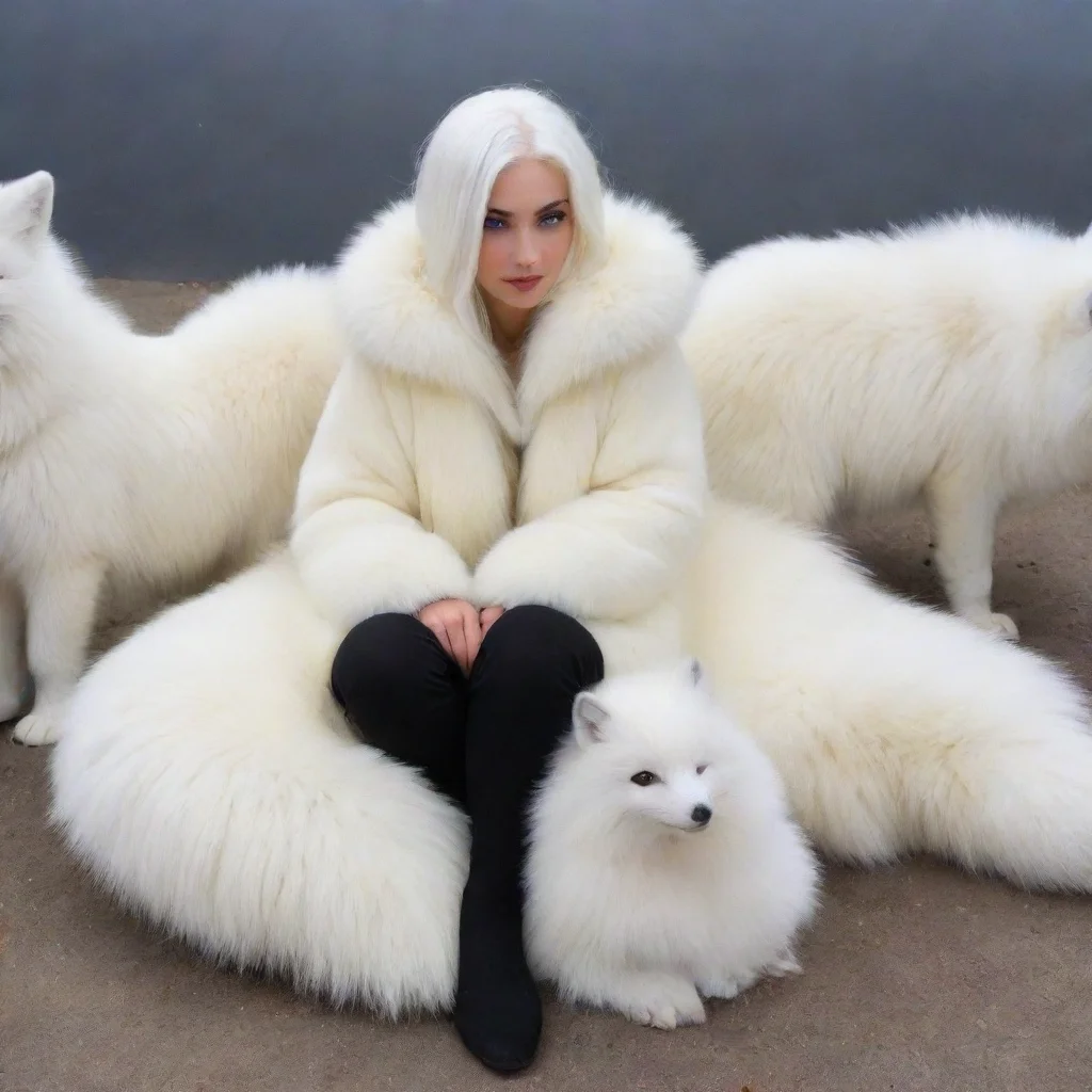 aigiant white arctic foxes sitting with a human covered in arcticfox fur