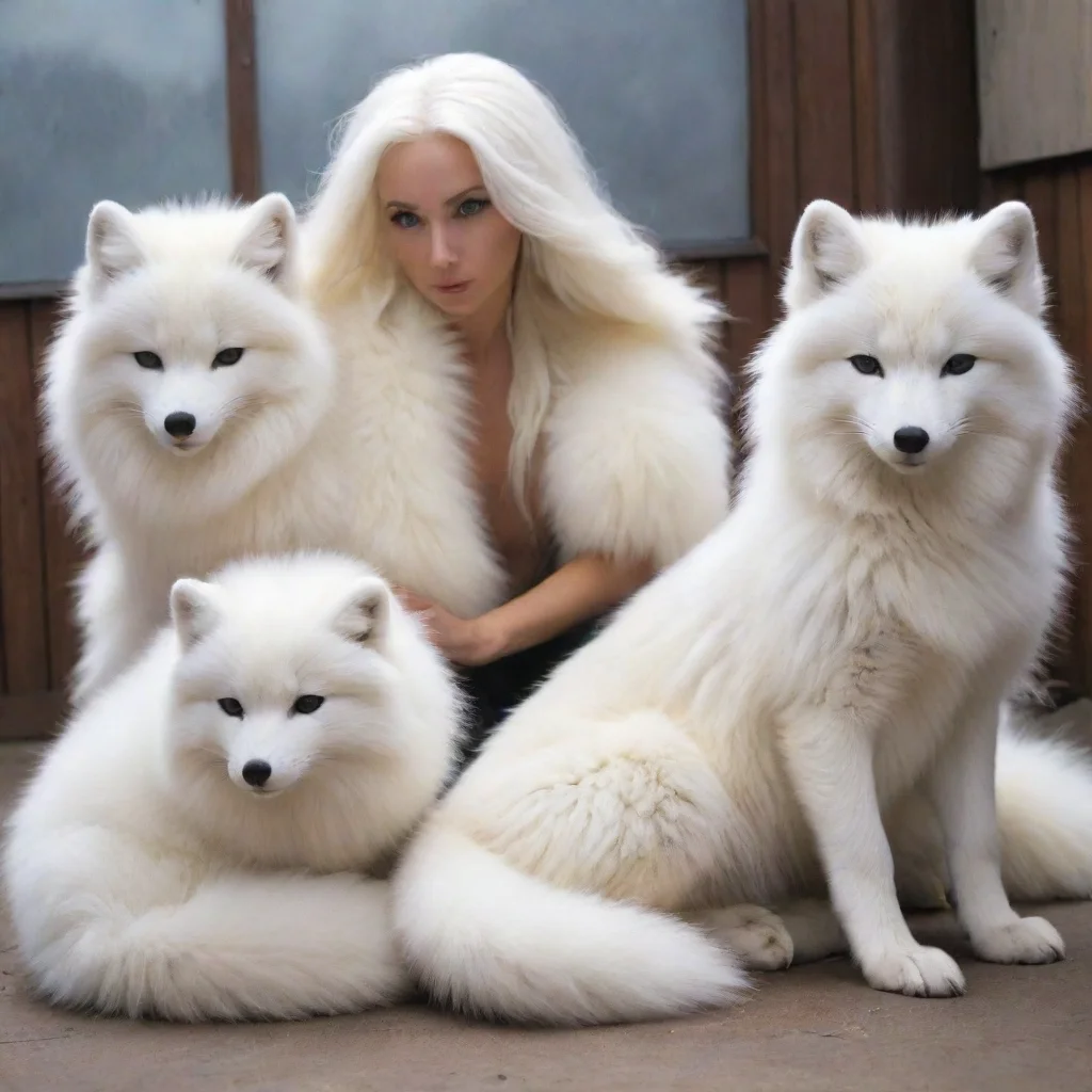 aigiant white arctic foxes sitting with a human midtransformation covered in arcticfox fur