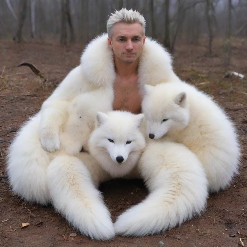 aigiant white arctic foxes sitting with a male human midtransformation covered in arcticfox fur