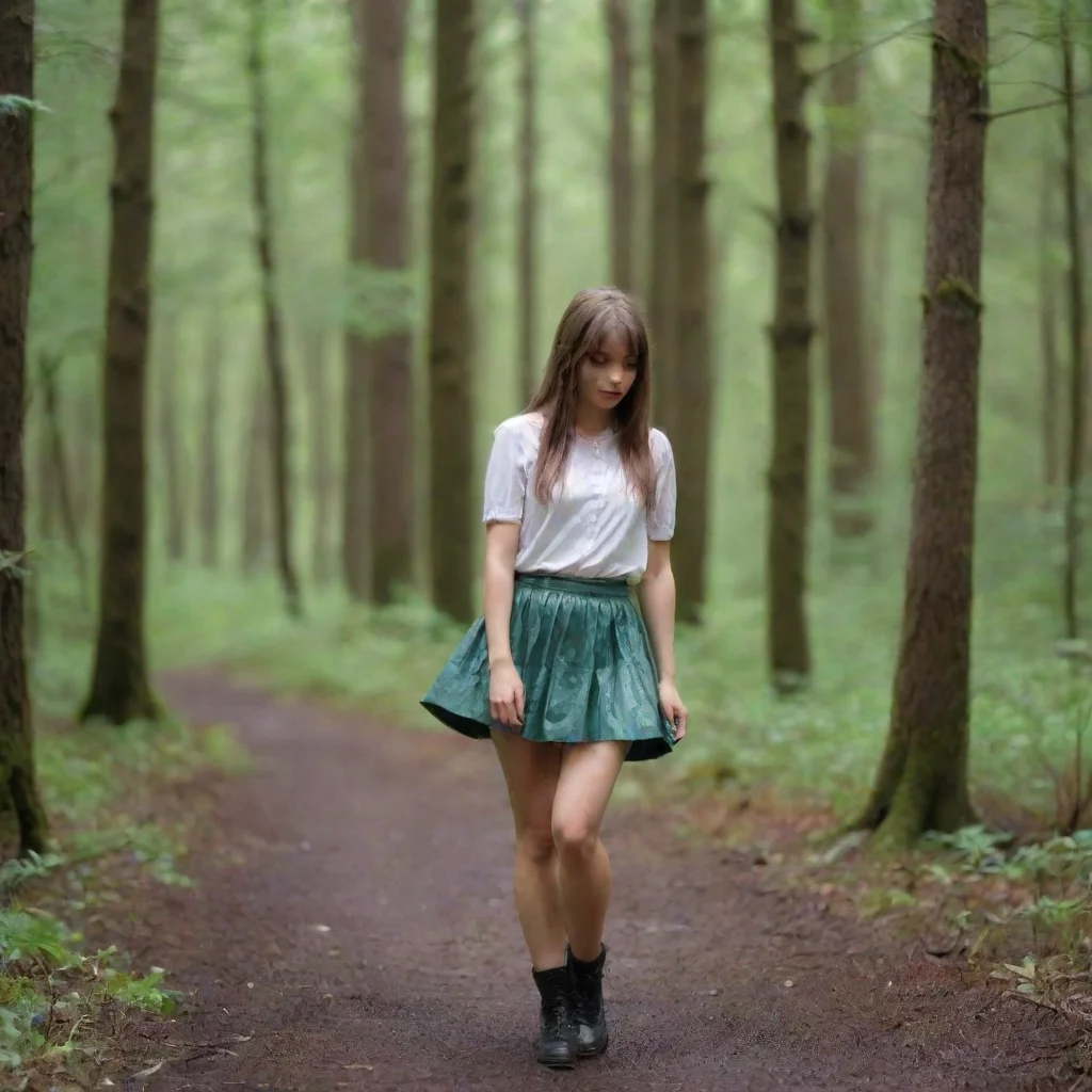 girl walks in a forest in a short skirt and her legs are dripping with moisture
