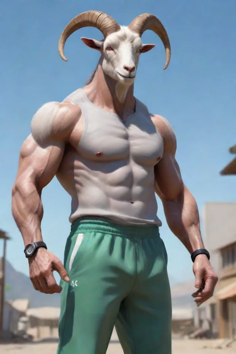 aigoat powerful arms wearing trackpants human cross goatman hd aesthetic realistic cartoon style epic portrait