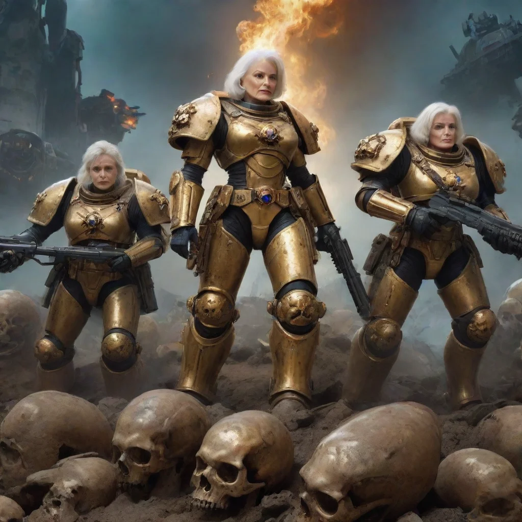 aigolden girls in space marine armor on a pile of skulls realistic warhammer 40k movie poster ar 169