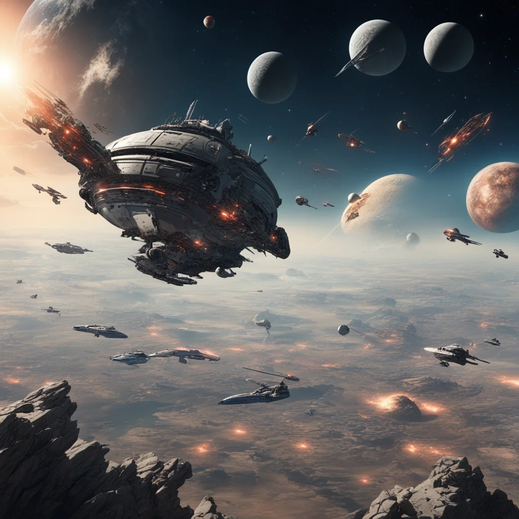 grand view of a space battle between the human resistance and the tel empire