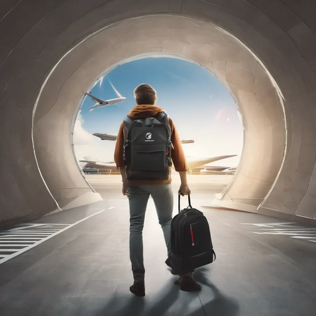aiguy wearing a backpack walking at the airport through a hole that leads to space confident engaging wow artstation art 3