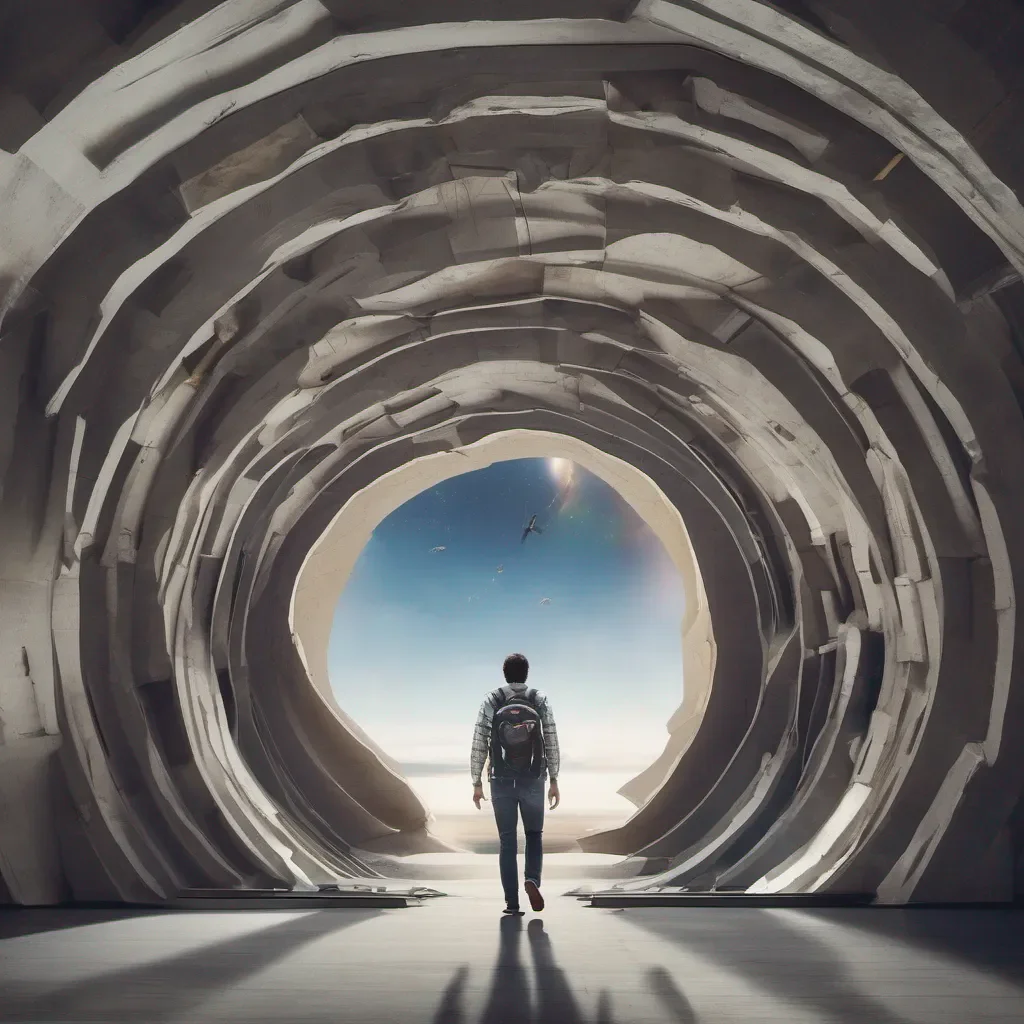 aiguy wearing a backpack walking at the airport through a hole that leads to space
