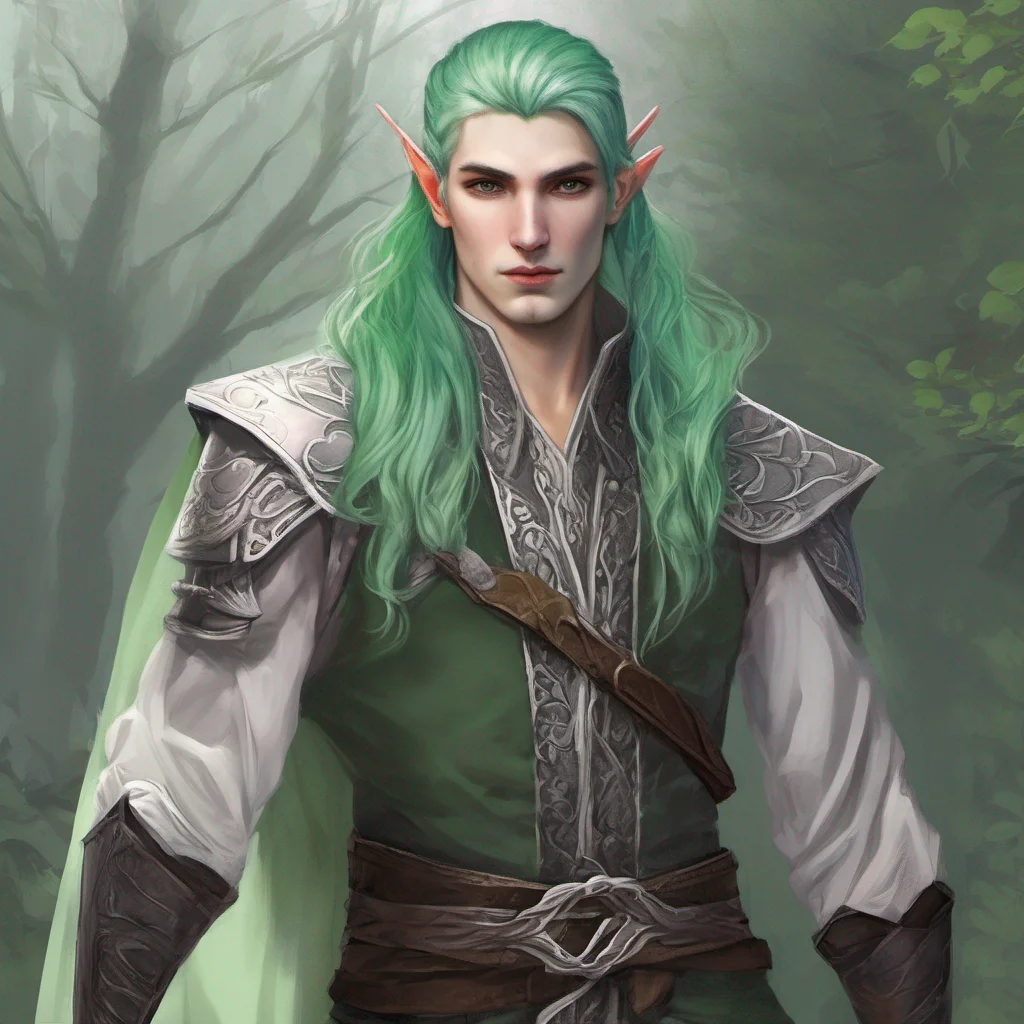 aihalf elf green hair grey eyes male confident engaging wow artstation art 3