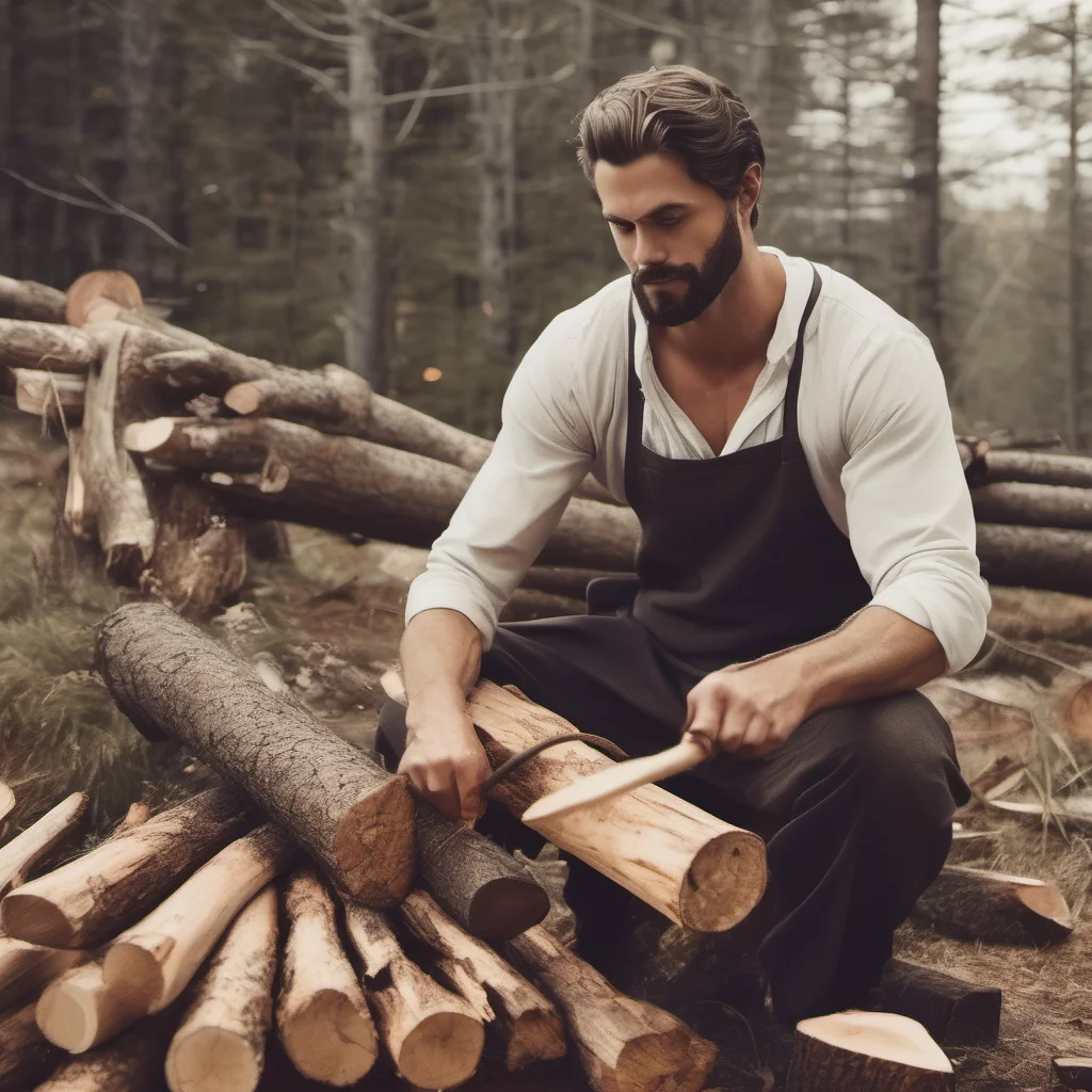 handsome mystical man chopping wood