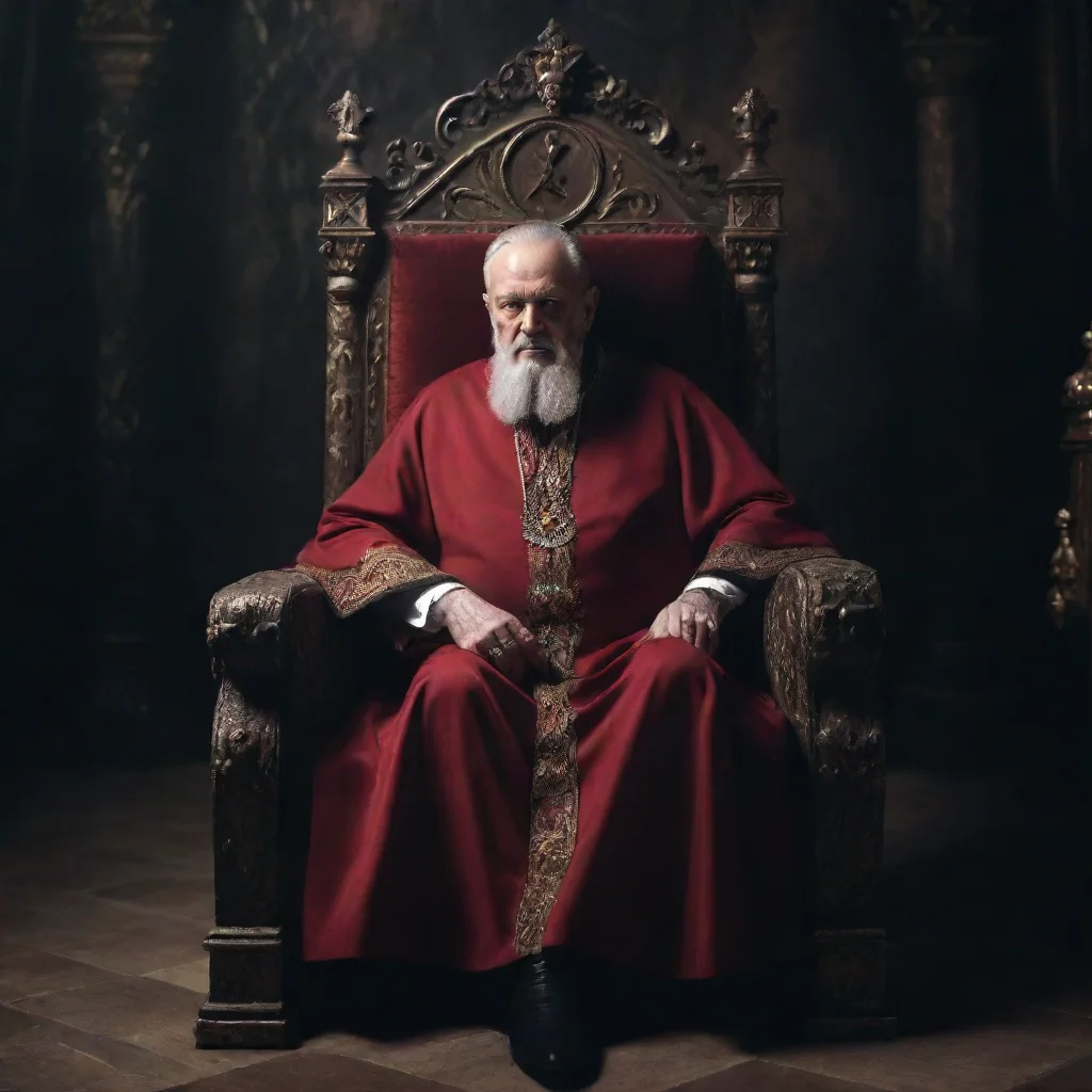 aihandsome old satan evil king with slightly beard and an old masonicpope dress sitting on his throne in the dark palace room 