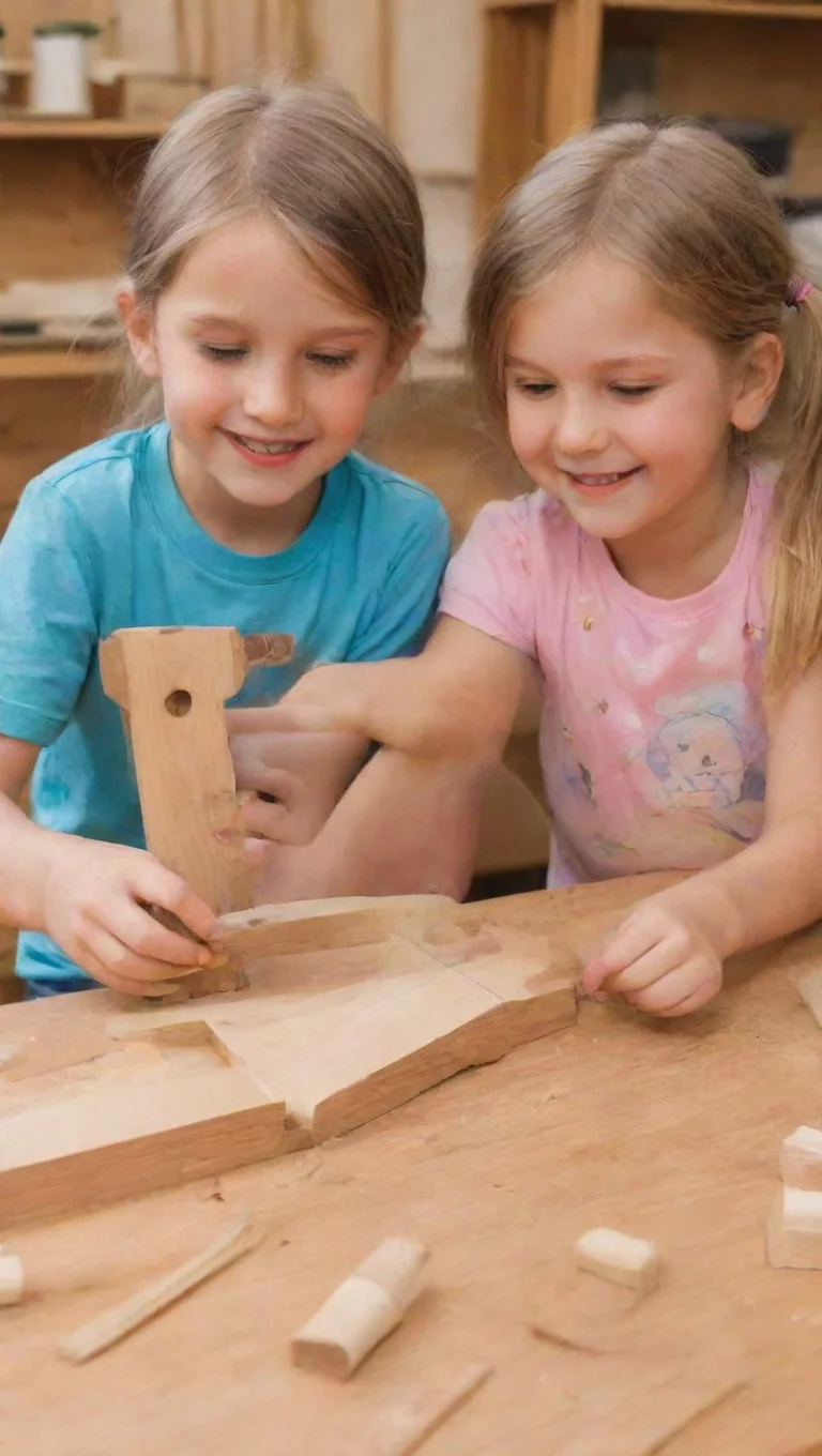 happy kids building woodcraft tall