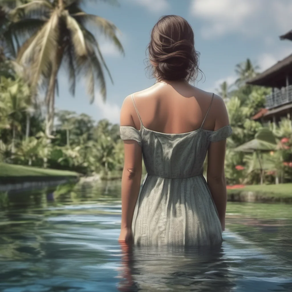 aihappy traveler woman realistic  swimming in bali back view  