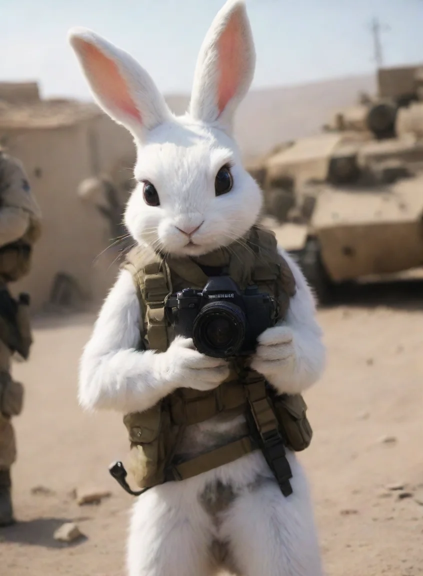 aihigh contrast a anthropomorphic femenine furry rabbit woman with camera in a warzone hd 4 portrait43