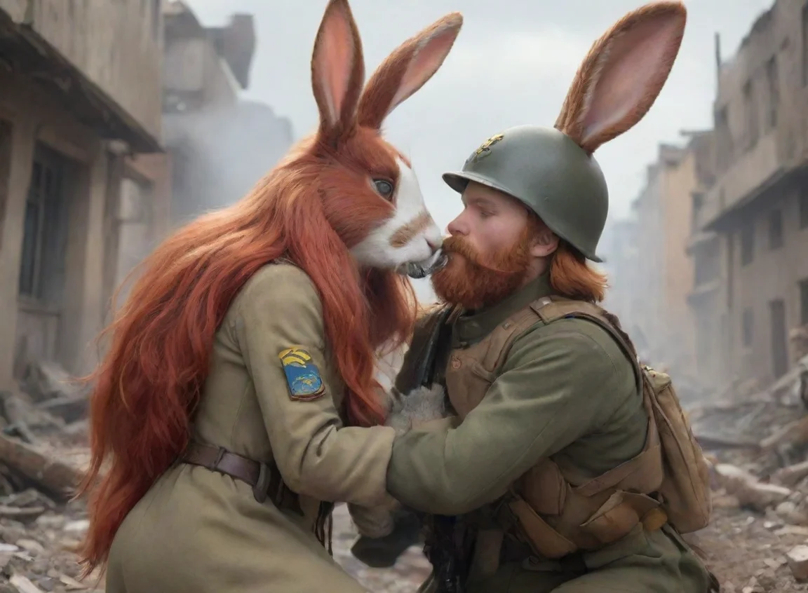 aihigh contrast a female anthro bunny tomboy redhead and a male bearded swedish soldier kissing in a warzone 4 landscape43