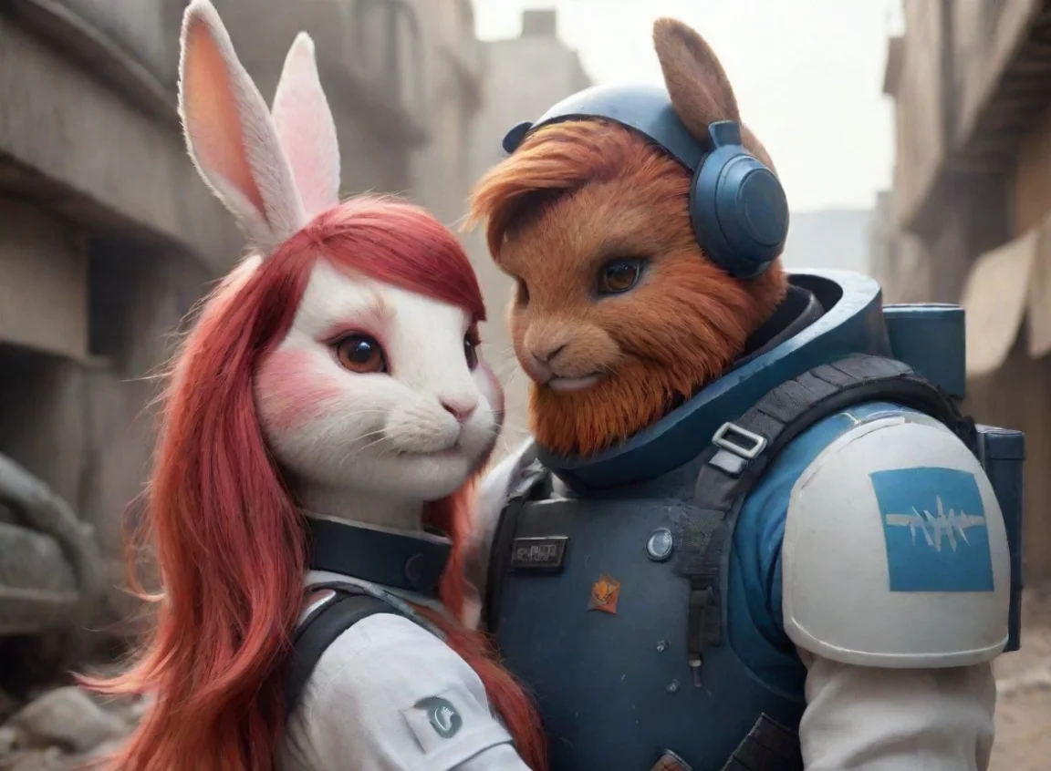 aihigh contrast a female anthro furry rabbit redhead with a male human swedish space soldier with beard in a warzone romantic hd 4 landscape43