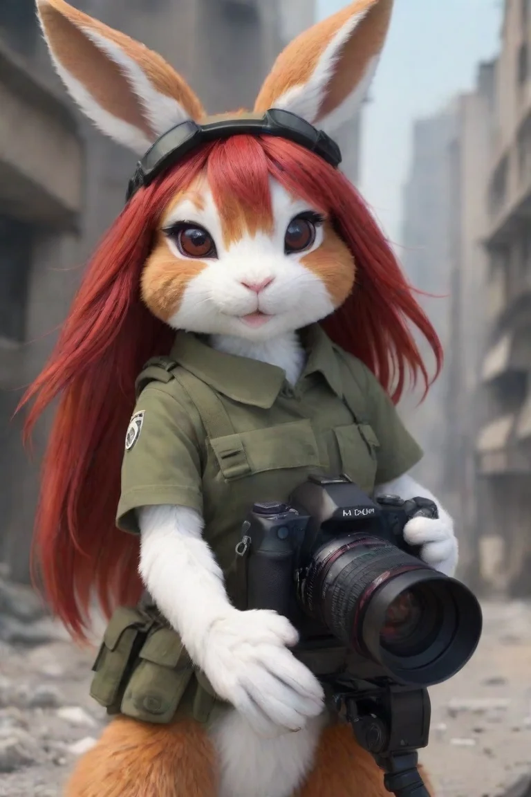 aihigh contrast a female anthro furry rabbit redhead with camera in a warzone anime style hd 4 portrait