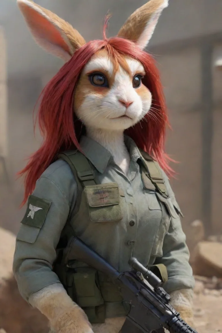 aihigh contrast a female anthro furry rabbit redhead with ptsd in a warzone hd 4 portrait